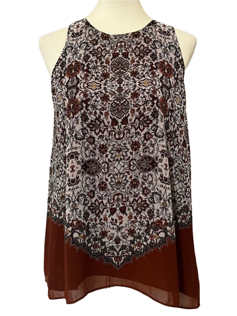 Max Studio Paisley Medallion Tank Rust Cream Keyhole Boho Flowy Small
